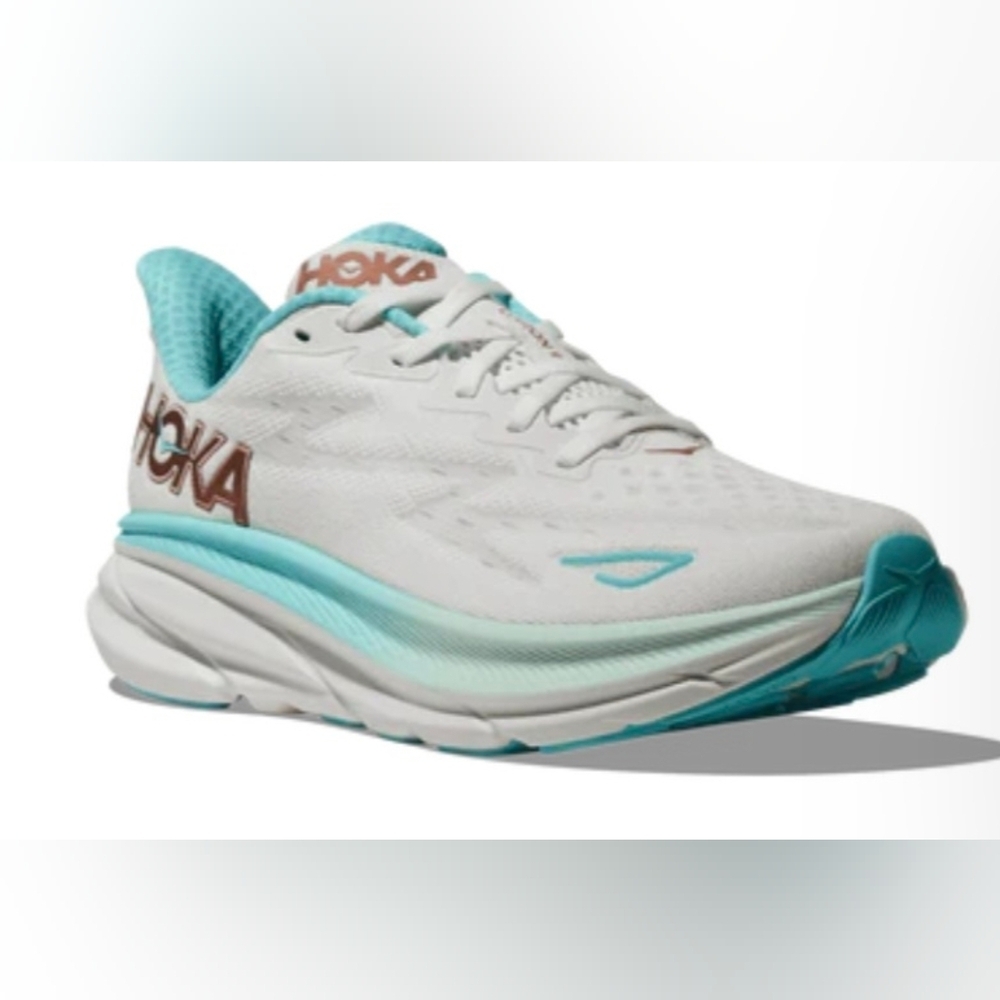 Hoka Clifton 9 White and Light Blue Athletic Running Shoes